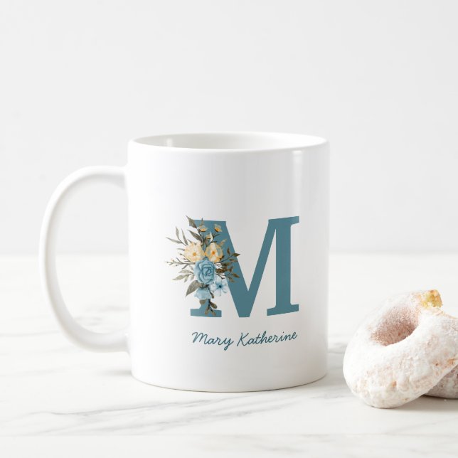 Floral Blue Monogram Personalised Coffee Mug (With Donut)