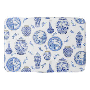 Floral Blue n White Ginger Jar Flower Vase Vintage Bath Mat