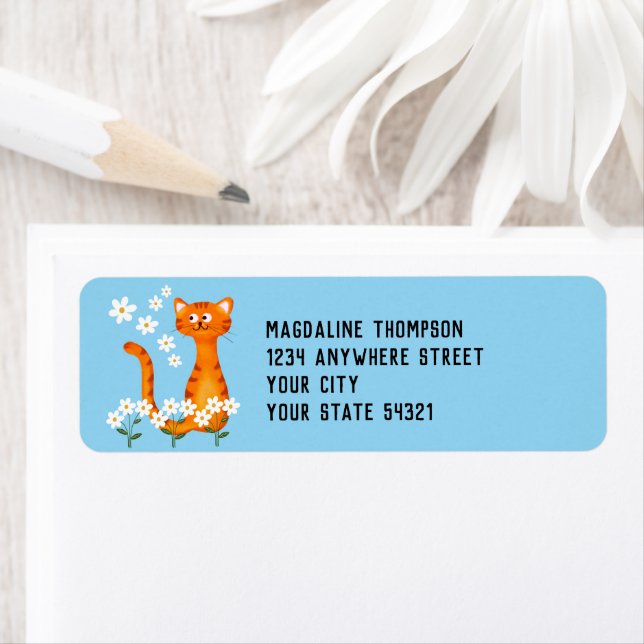 Floral Blue Orange Cat Return Address Label (Insitu)
