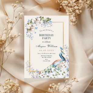 Floral blue peacock bird invitation