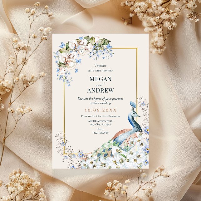 Floral blue peacock bird wedding invitation (Creator Uploaded)