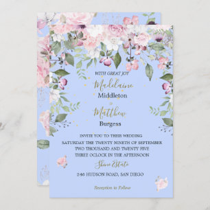  Floral Blue Periwinkle Gold Pink Wedding  Invitation