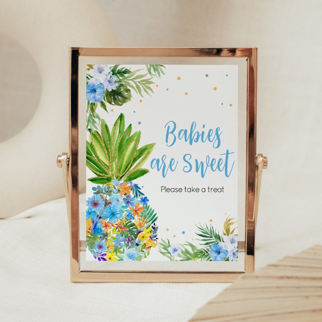 Floral Blue Pineapple Baby Shower Babies are Sweet Poster (Blue Gold Pineapple Baby Shower Babies are Sweet Sign)
