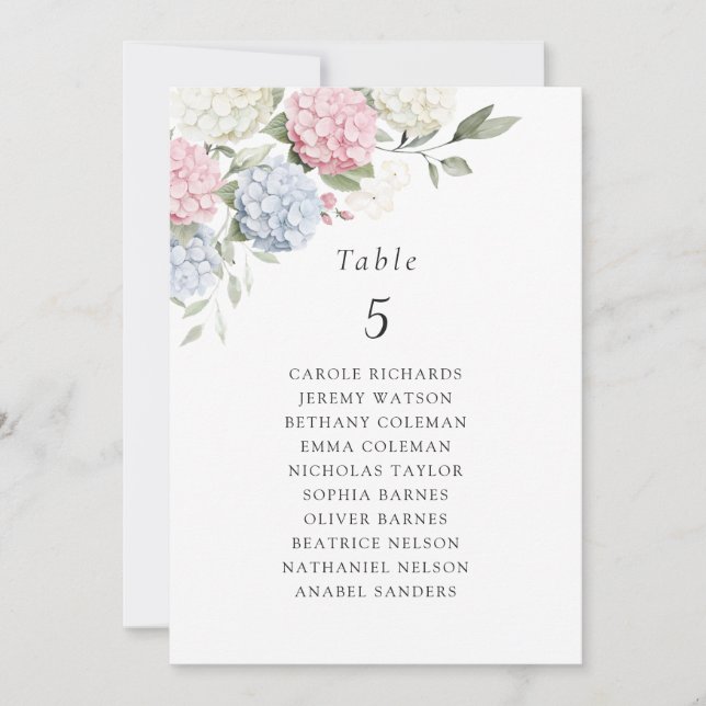 Floral Blue Pink Hydrangea Table Seating Chart Invitation (Front)