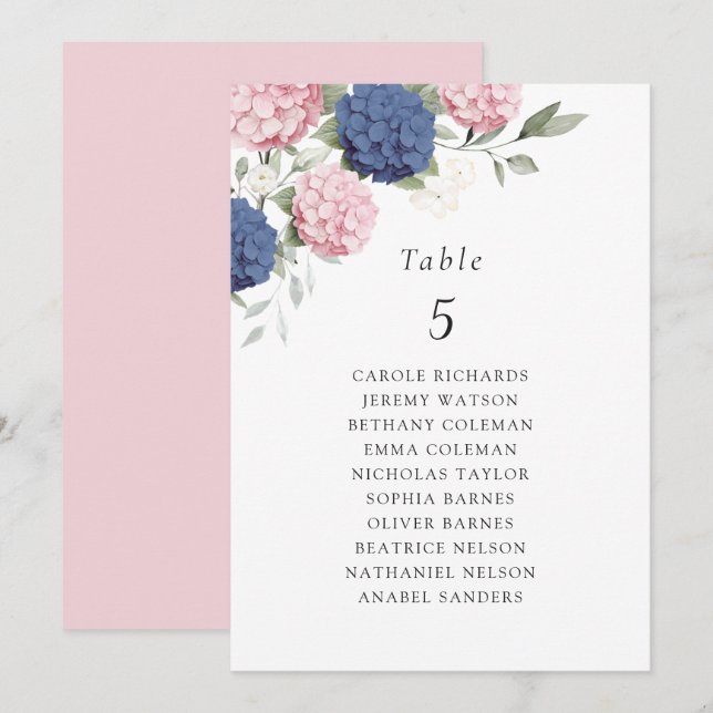 Floral Blue Pink Hydrangea Table Seating Chart Invitation (Front/Back)