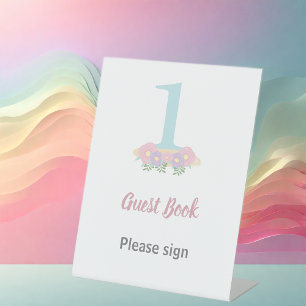 Floral blue, pink pastel 1st Birthday Guest Book Pedestal Sign