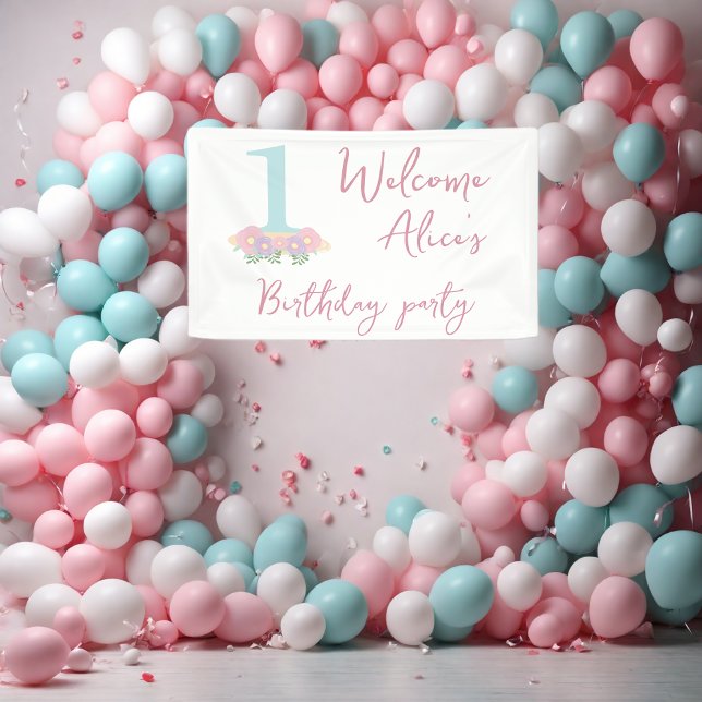 Floral blue, pink pastel 1st Birthday party Banner (Creator Uploaded)
