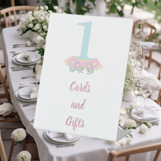 Floral blue, pink pastel 1st Birthday party gifts  Pedestal Sign