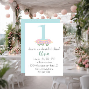 Floral blue, pink pastel 1st Birthday party   Invitation