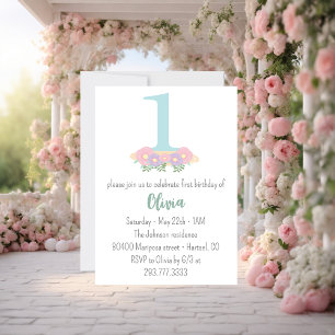 Floral blue, pink pastel 1st Birthday party  Invitation