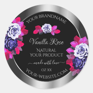 Floral Blue Pink Roses Product Labels Black Silver