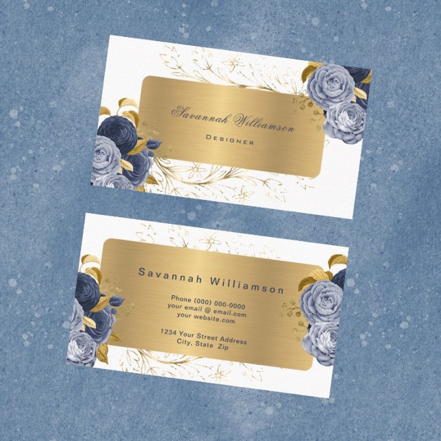 Floral Blue Roses Gold Customisable Business Card (Creator Uploaded)