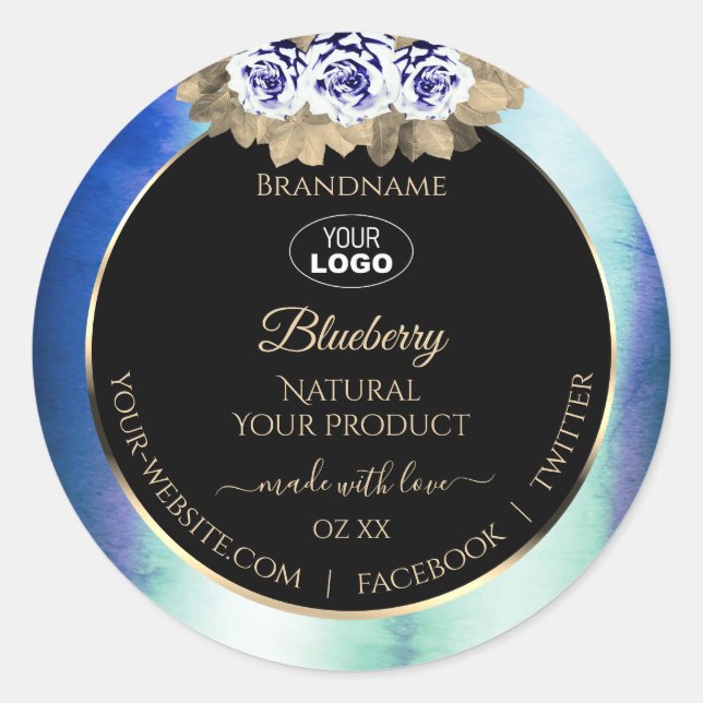Floral Blue Roses Marble Product Labels Logo Black (Front)
