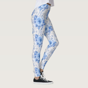 Floral Blue Roses on White Leggings Womens