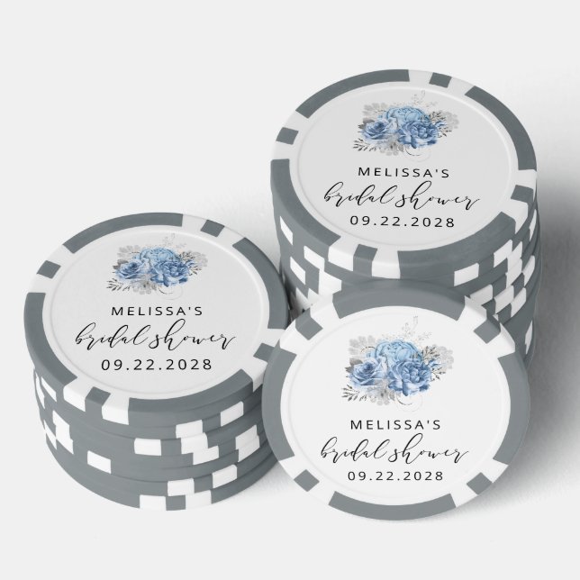 Floral Blue Silver Bridal Shower Favour Poker Chips (Stack)