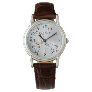 Floral Blue Silver White Cherry Blossoms Numbers Watch
