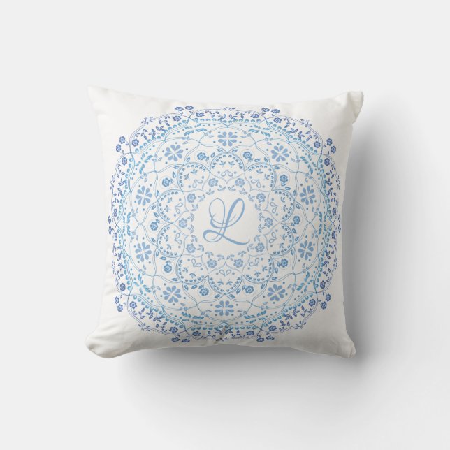 Floral Blue Simple Mandala Circle Minimalist Cushion (Front)
