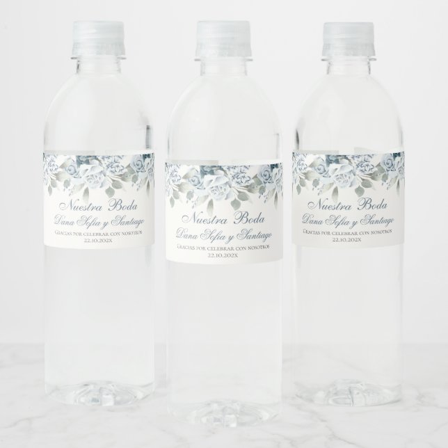 Floral Blue Spanish Wedding Water Bottle Label (Bottles)