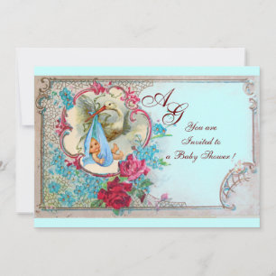 FLORAL BLUE STORK BOY BABY SHOWER ROSES,FLOWERS INVITATION