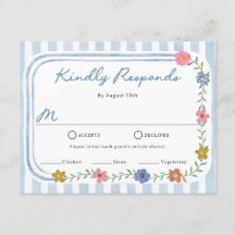 Floral Blue Stripes RSVP Cards
