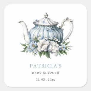 Floral Blue Tea Party Boy Baby Shower Square Sticker
