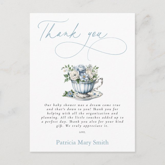 Floral Blue Tea Party Boy Baby Shower Thank You  Postcard (Front)