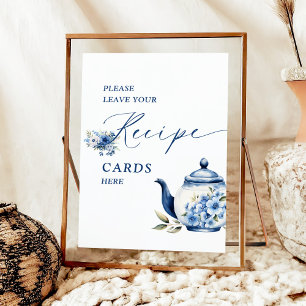 Floral Blue Tea Party Bridal Shower Recipe Cards Poster