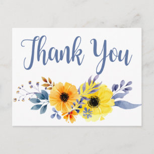 Floral Blue Thank You Yellow  Watercolor Flowers Postcard