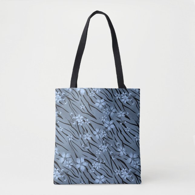 Floral, blue, tiger pattern tote bag (Front)