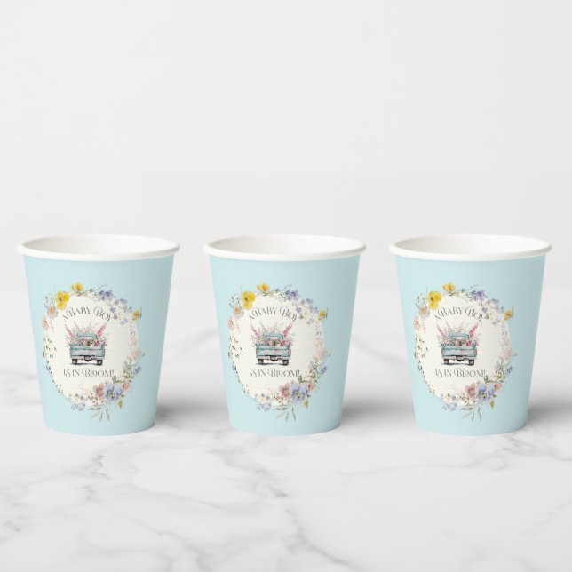 Floral Blue Truck Baby Boy in Bloom Paper Cups (Multi)