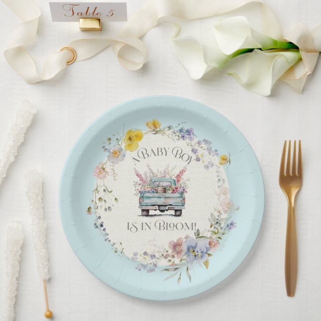 Floral Blue Truck Baby Boy in Bloom Paper Plates (Wedding)