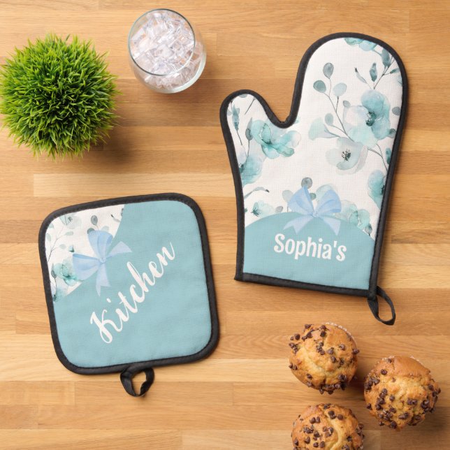 Floral Blue Turquoise Ribbon Oven Mitt & Pot Holder Set (Top Down)