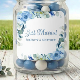 Floral Blue Watercolor Roses Just Married Wedding Square Sticker