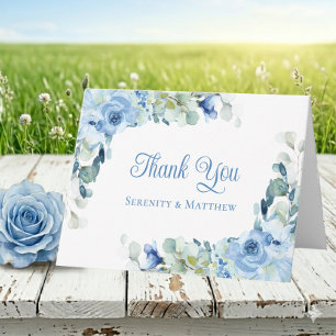 Floral Blue Watercolor Roses Wedding Thank You Card
