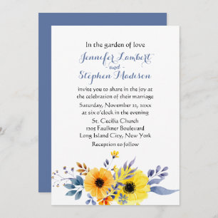Floral Blue Wedding Watercolor Yellow Flowers Invitation