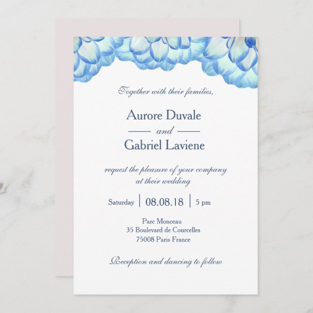 Floral blue white blush flowers petals wedding invitation (Front/Back)
