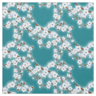 Floral Blue White Cherry Blossoms Pattern Fabric