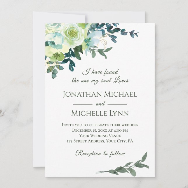 Floral Blue White Gold Turquoise Christian Wedding Invitation (Front)