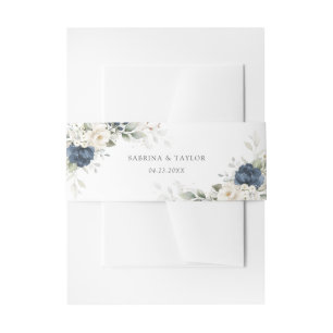 Floral Blue White Greenery Gold Elegant Wedding Invitation Belly Band