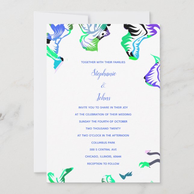 Floral Blue White Spring Summer Boho Wedding Invitation (Front)