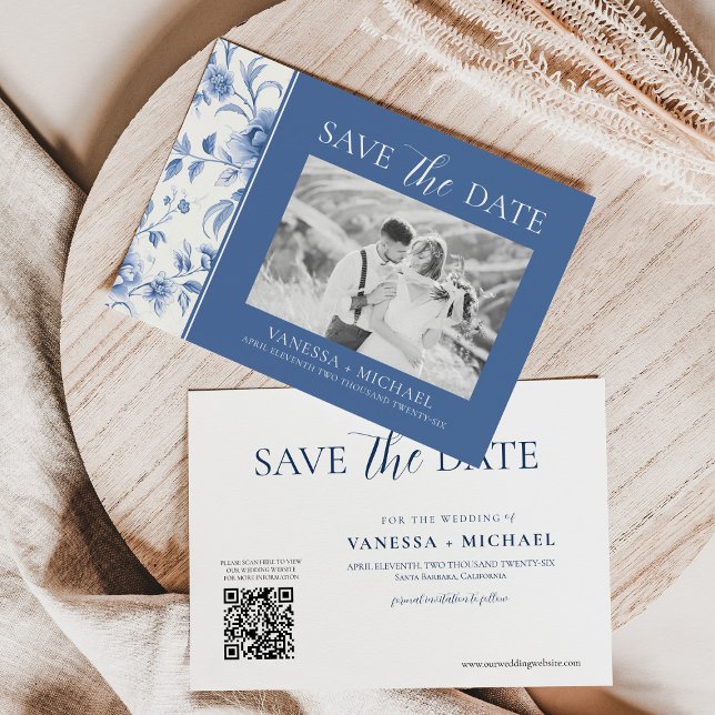 Floral Blue White Toile De Jouy Photo Save The Date (Creator Uploaded)