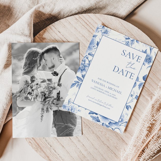 Floral Blue White Toile De Jouy Photo Save The Date (Creator Uploaded)