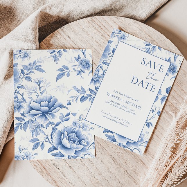 Floral Blue White Toile De Jouy Save The Date (Creator Uploaded)