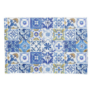 Floral Blue, White & Yellow Mediterranean Pattern Pillowcase