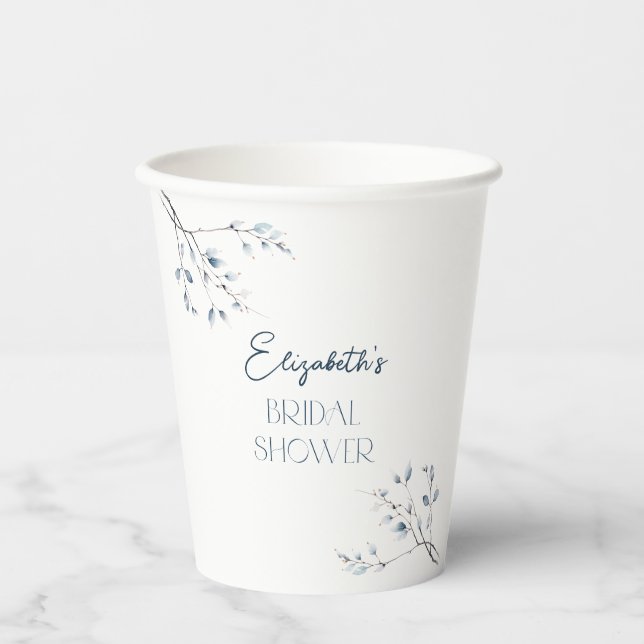 Floral Blue Winter Botanical Bridal Shower Paper Cups (Front)