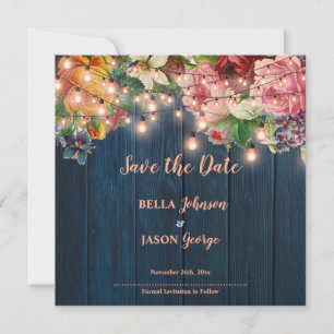 Floral Blue Wood String Lights Save The Date Invitation