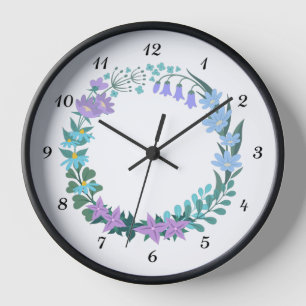 Floral Bluebell Lilac Flower Wreath Garland Clock