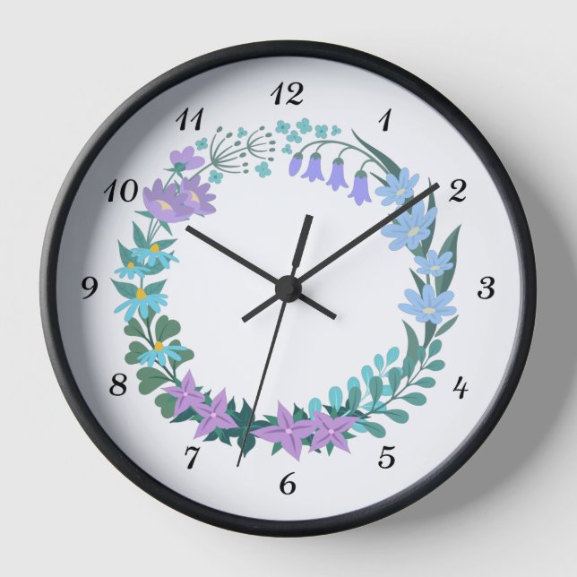 Floral Bluebell Lilac Flower Wreath Garland Clock (Front)
