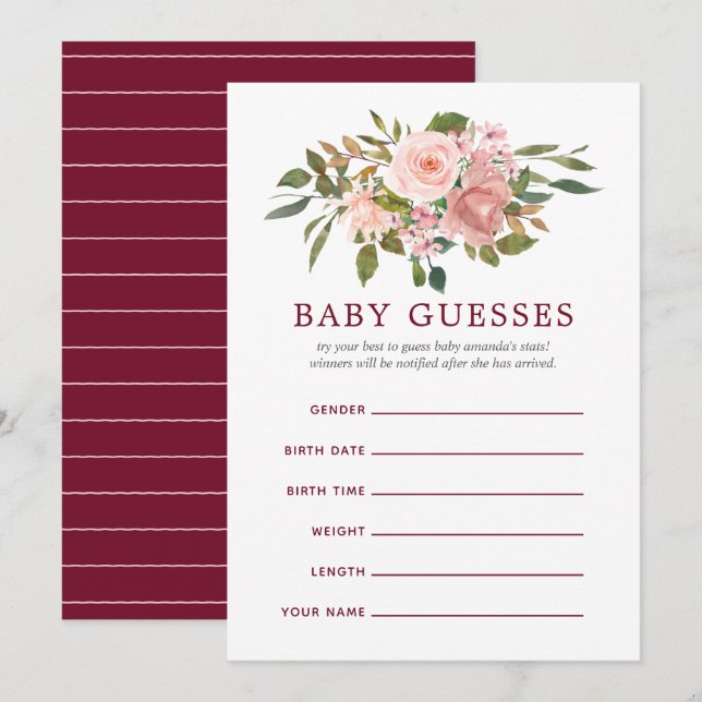 Floral Blush and Burgundy Baby Shower Baby Guesses Invitation (Front/Back)