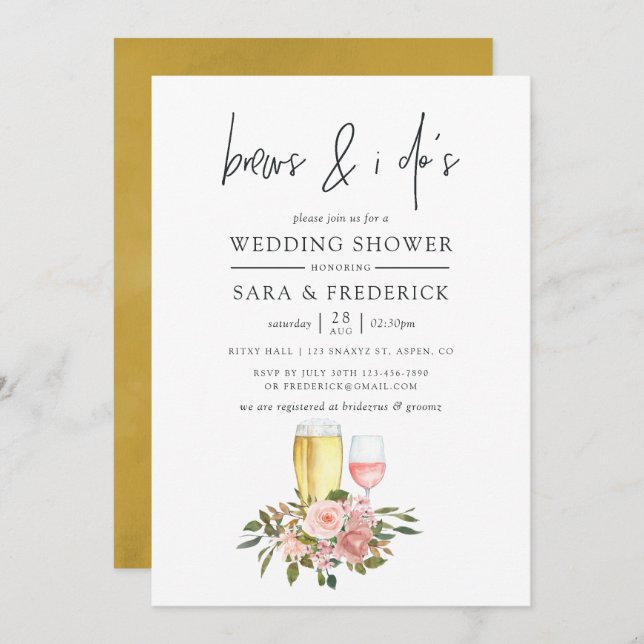 Floral Blush and Gold Brews Before The I Do's Invitation (Front/Back)
